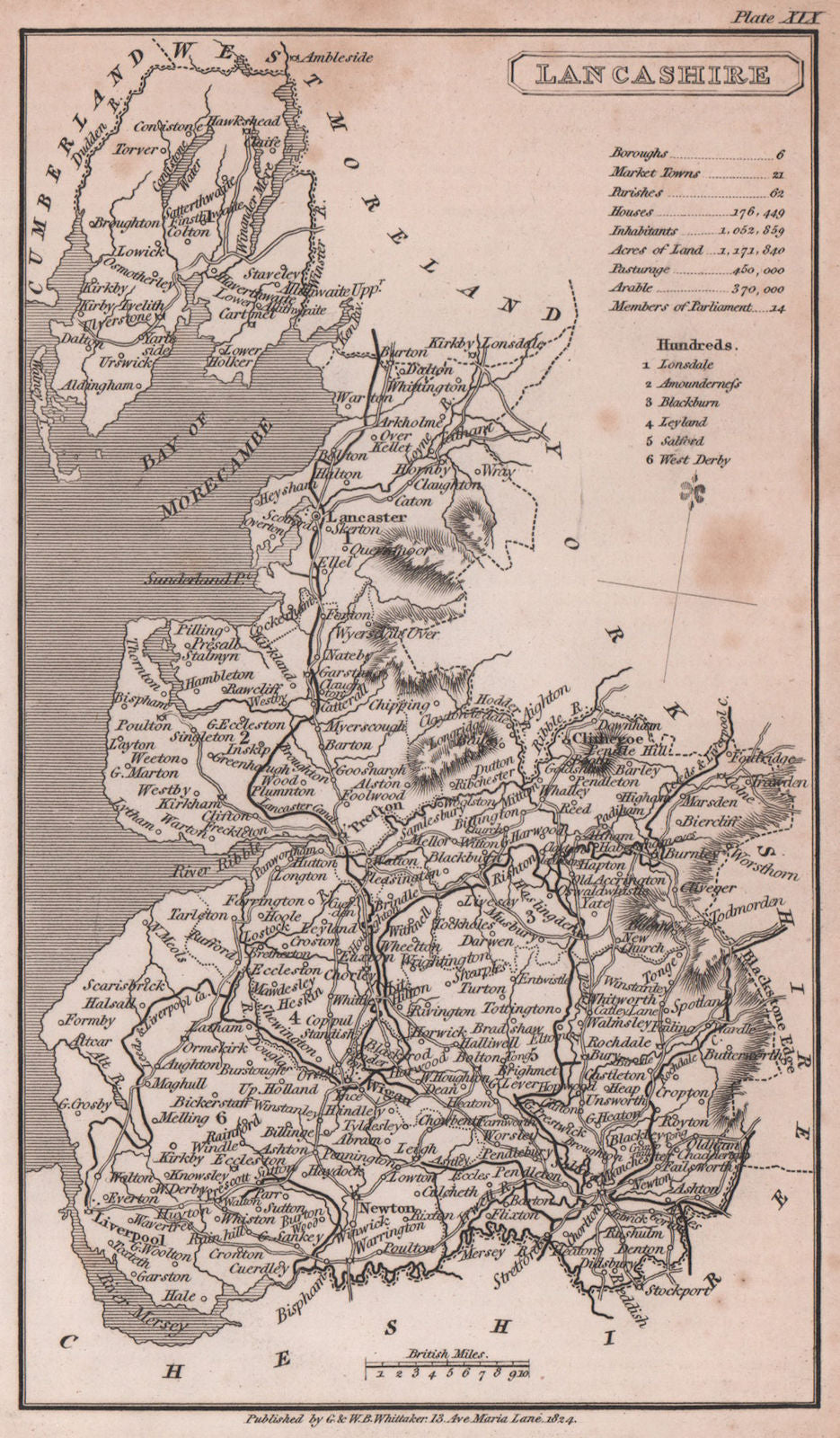 Lancashire antique copperplate county map by Benjamin Pitts Capper 1825