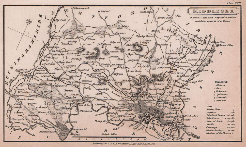Middlesex antique copperplate county map by Benjamin Pitts Capper 1825 old