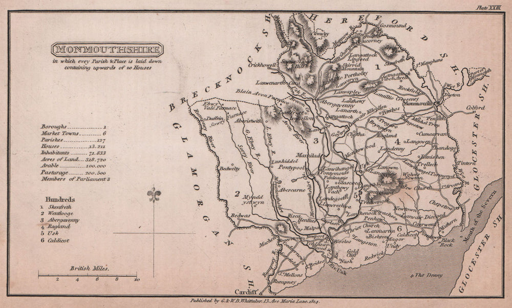 Monmouthshire antique copperplate county map by Benjamin Pitts Capper 1825