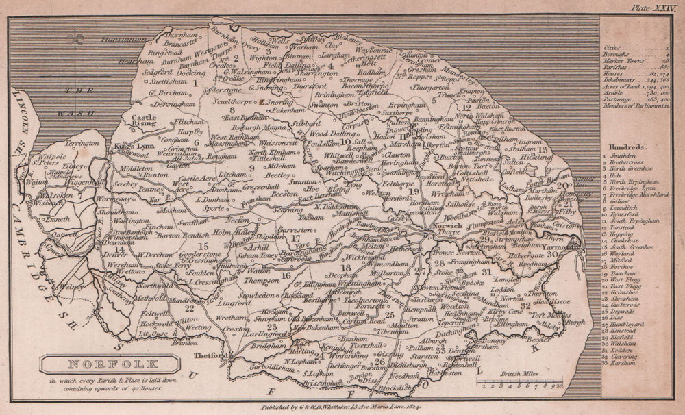 Norfolk antique copperplate county map by Benjamin Pitts Capper 1825 old