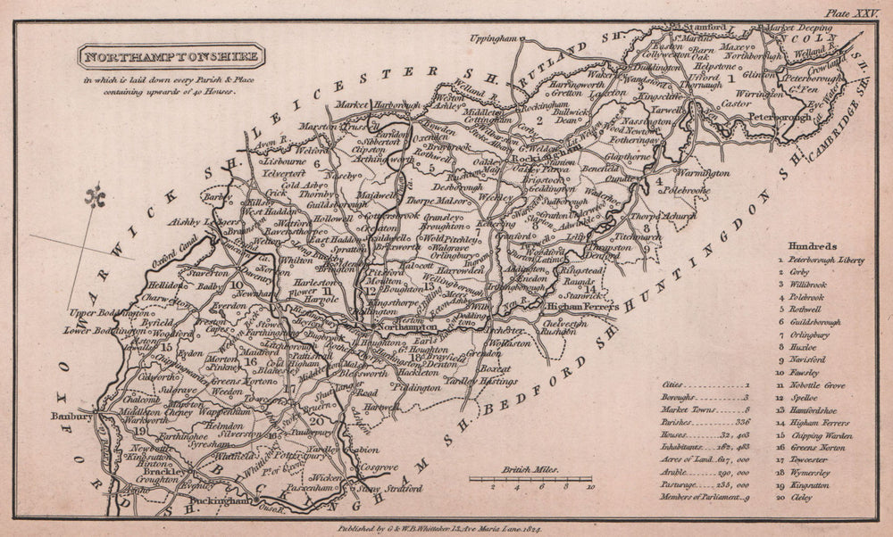 Northamptonshire antique copperplate county map by Benjamin Pitts Capper 1825