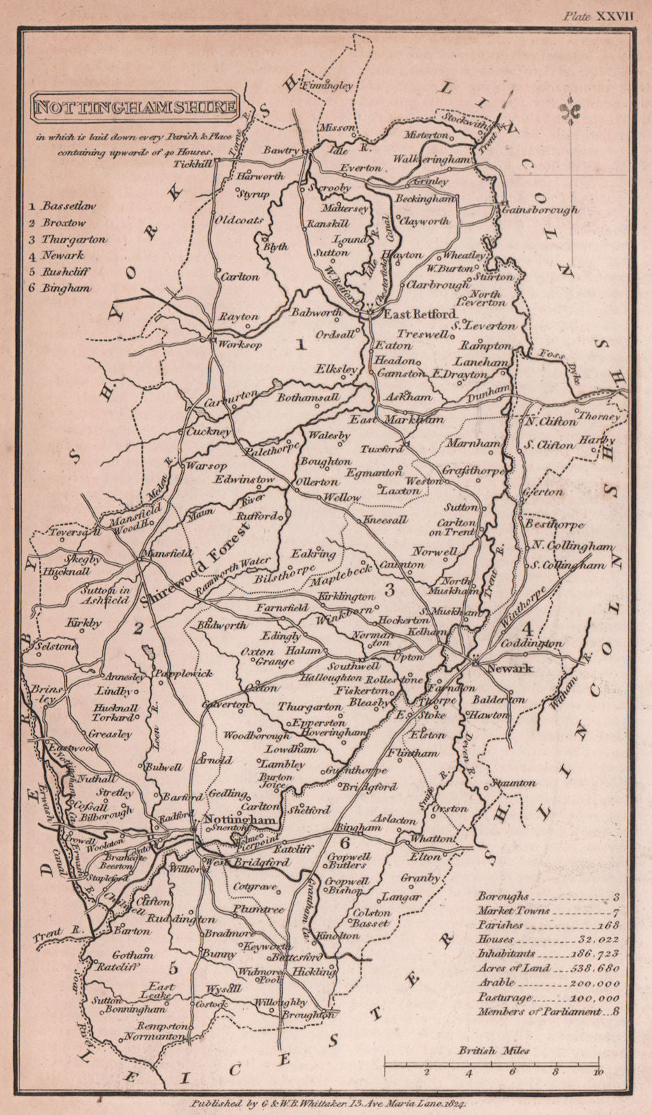 Nottinghamshire antique copperplate county map by Benjamin Pitts Capper 1825
