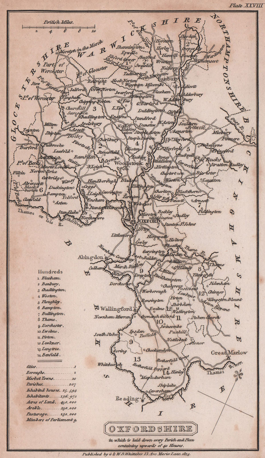 Oxfordshire antique copperplate county map by Benjamin Pitts Capper 1825