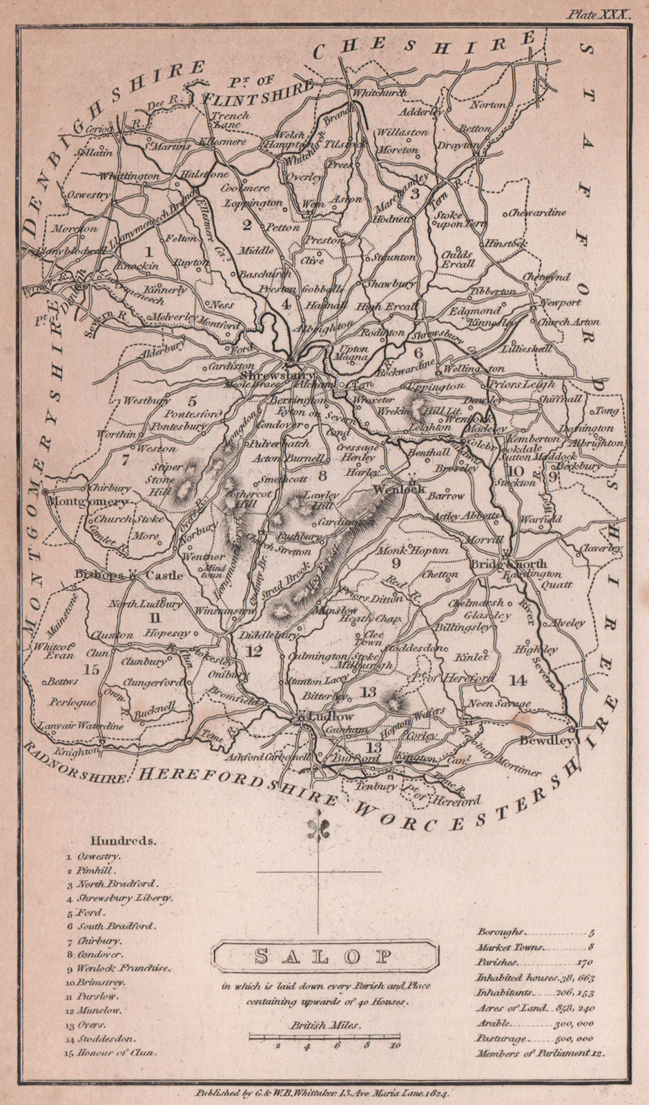 Salop antique copperplate county map by Benjamin Pitts Capper. Shropshire 1825
