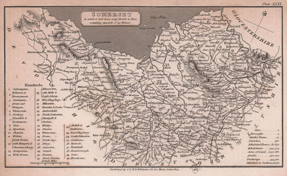 Somerset antique copperplate county map by Benjamin Pitts Capper 1825 old