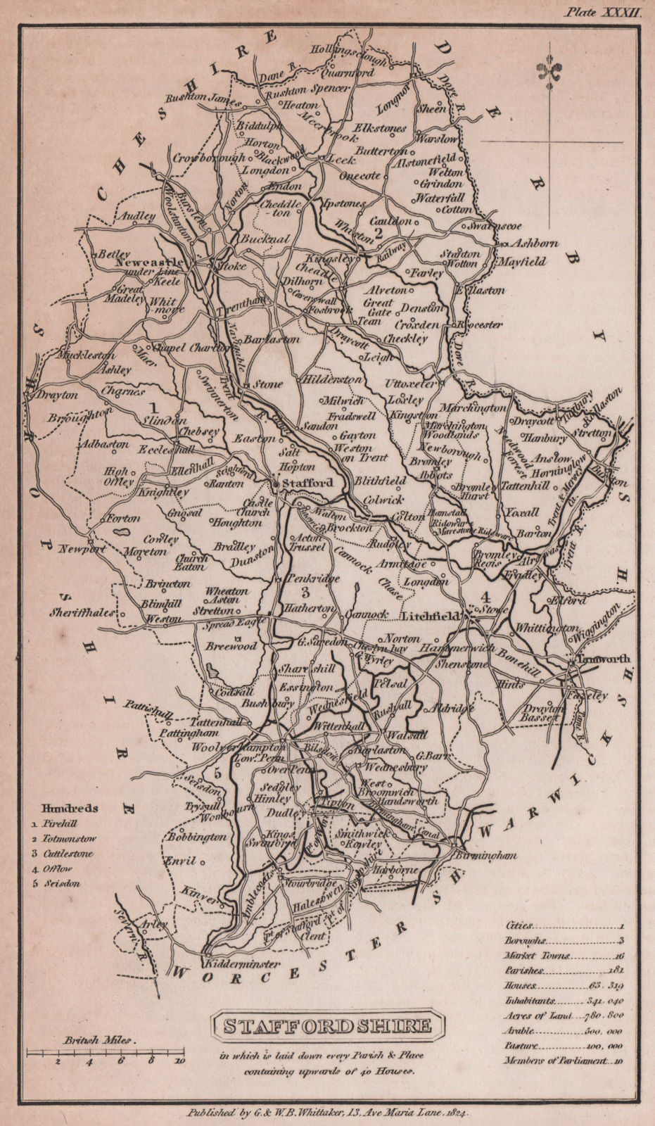 Staffordshire antique copperplate county map by Benjamin Pitts Capper 1825