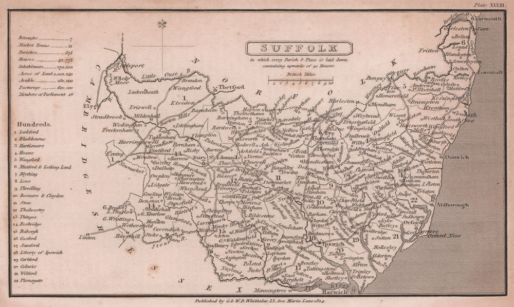 Suffolk antique copperplate county map by Benjamin Pitts Capper 1825 old
