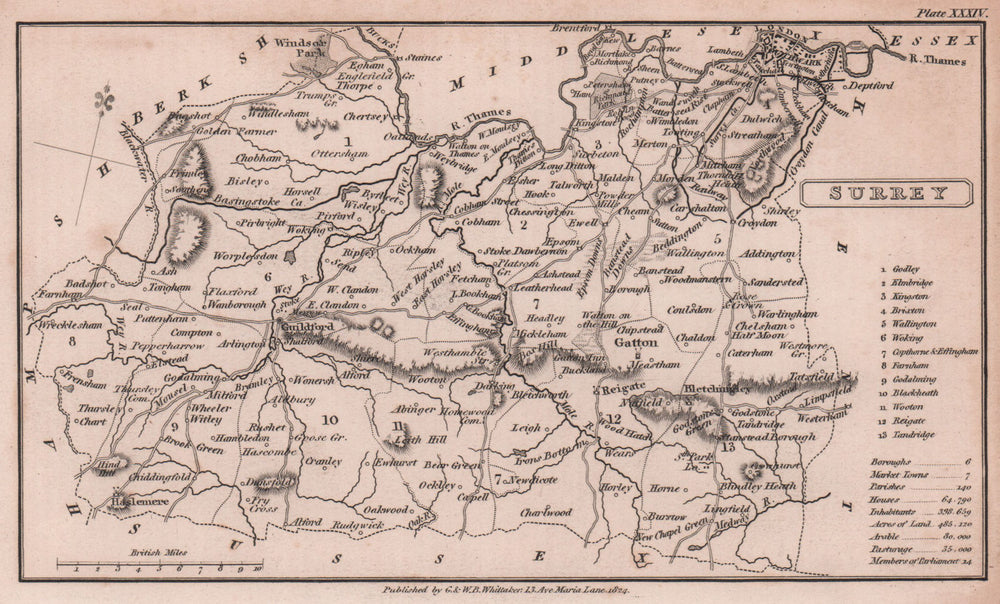 Surrey antique copperplate county map by Benjamin Pitts Capper 1825 old