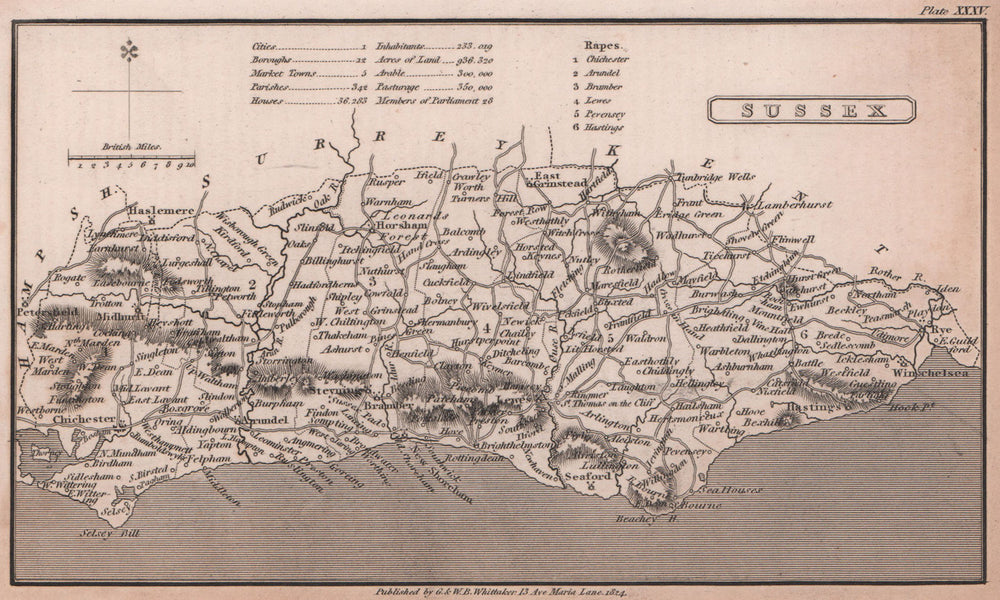 Sussex antique copperplate county map by Benjamin Pitts Capper 1825 old