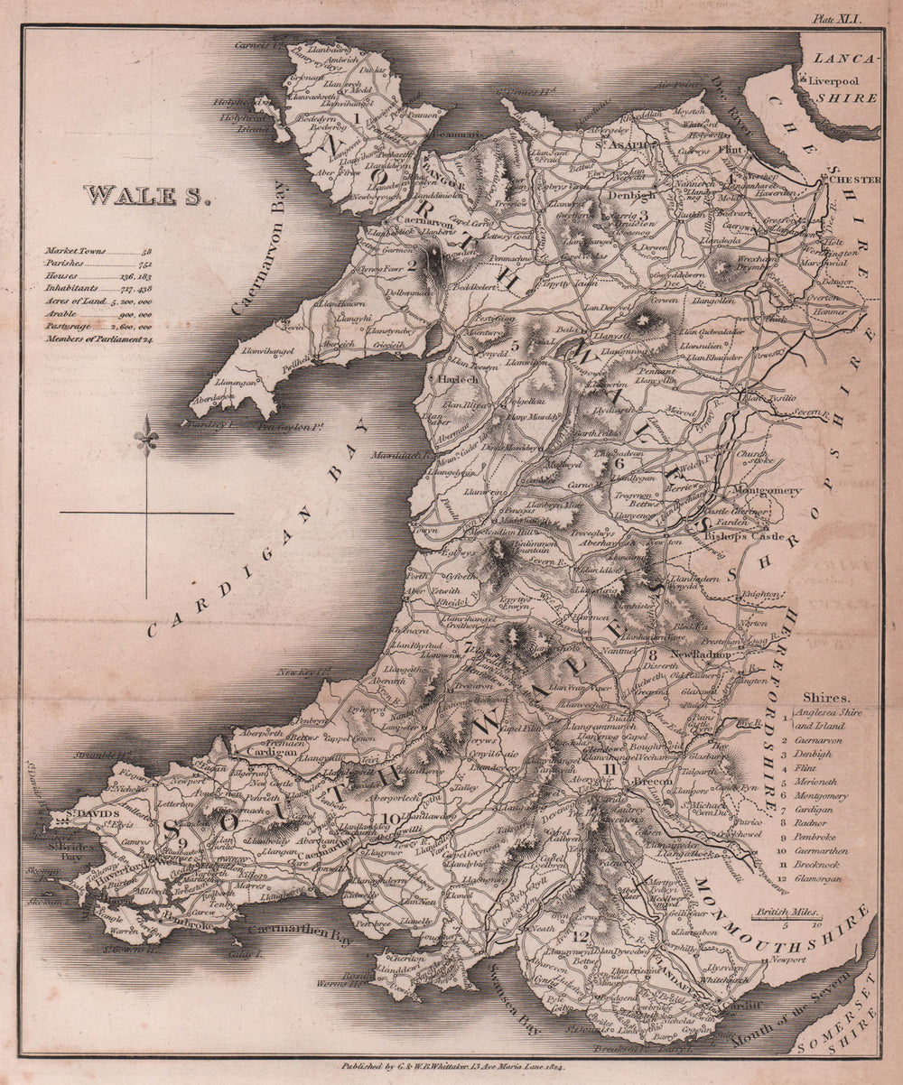 Wales antique copperplate map by Benjamin Pitts Capper 1825 old