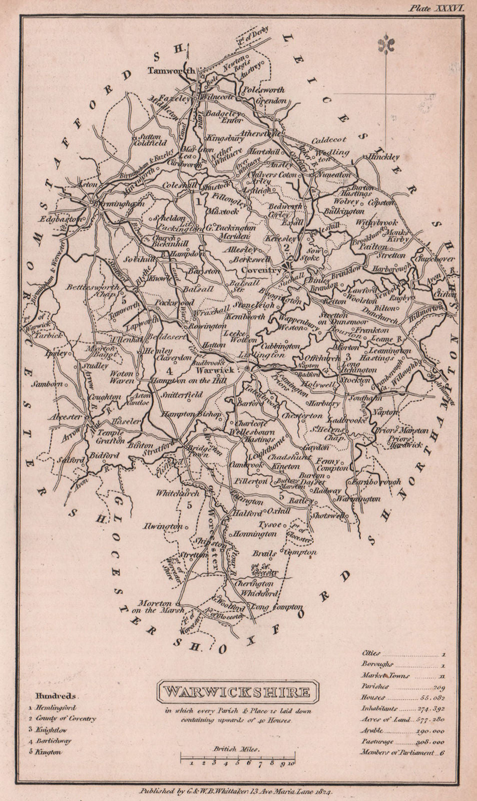 Warwickshire antique copperplate county map by Benjamin Pitts Capper 1825
