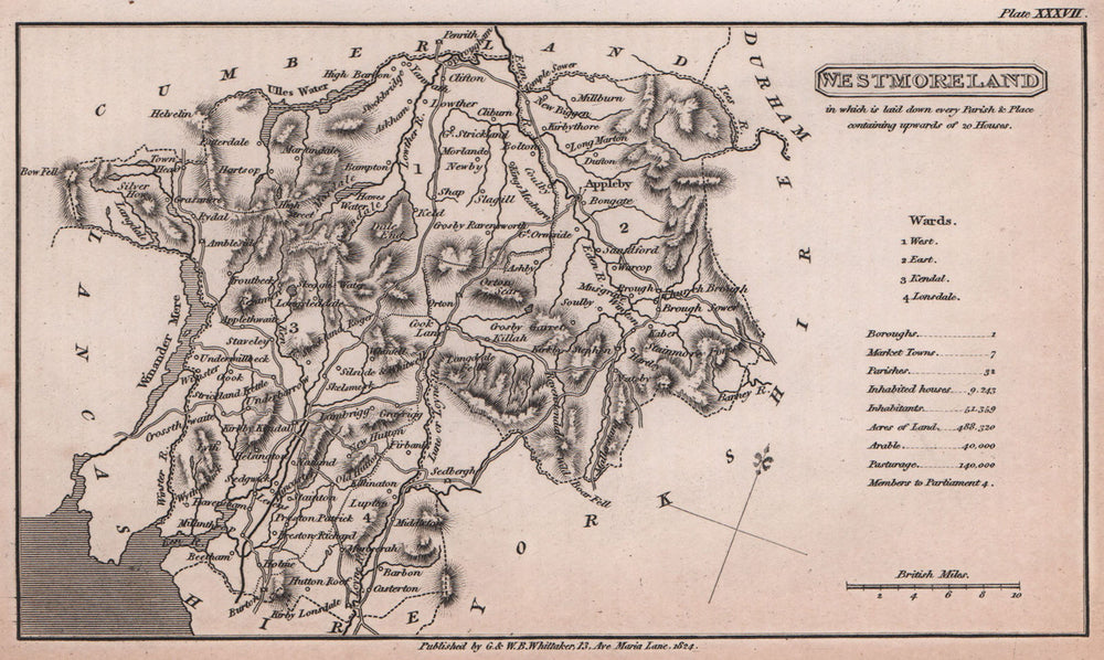 Westmoreland antique copperplate county map by Benjamin Pitts Capper 1825