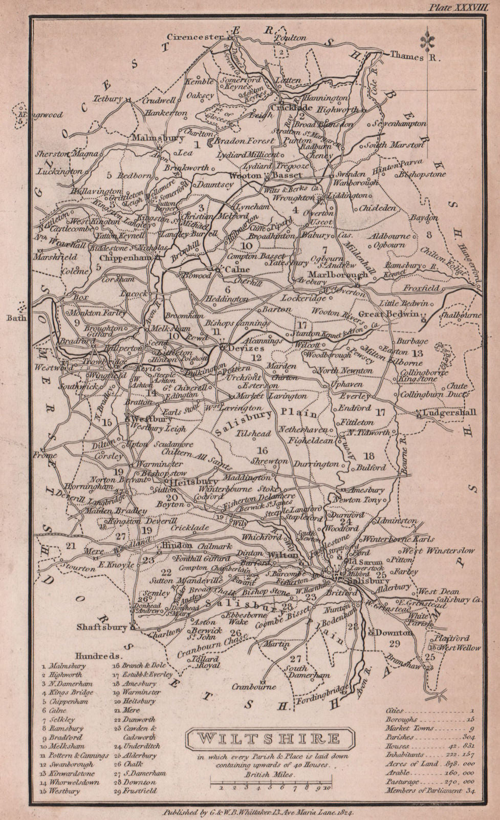Wiltshire antique copperplate county map by Benjamin Pitts Capper 1825 old
