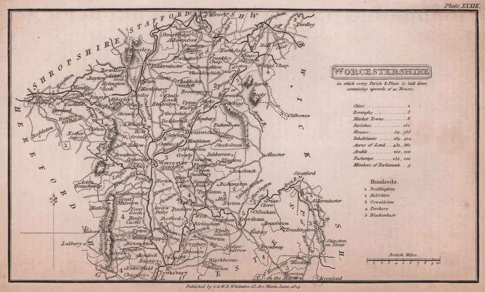 Worcestershire antique copperplate county map by Benjamin Pitts Capper 1825