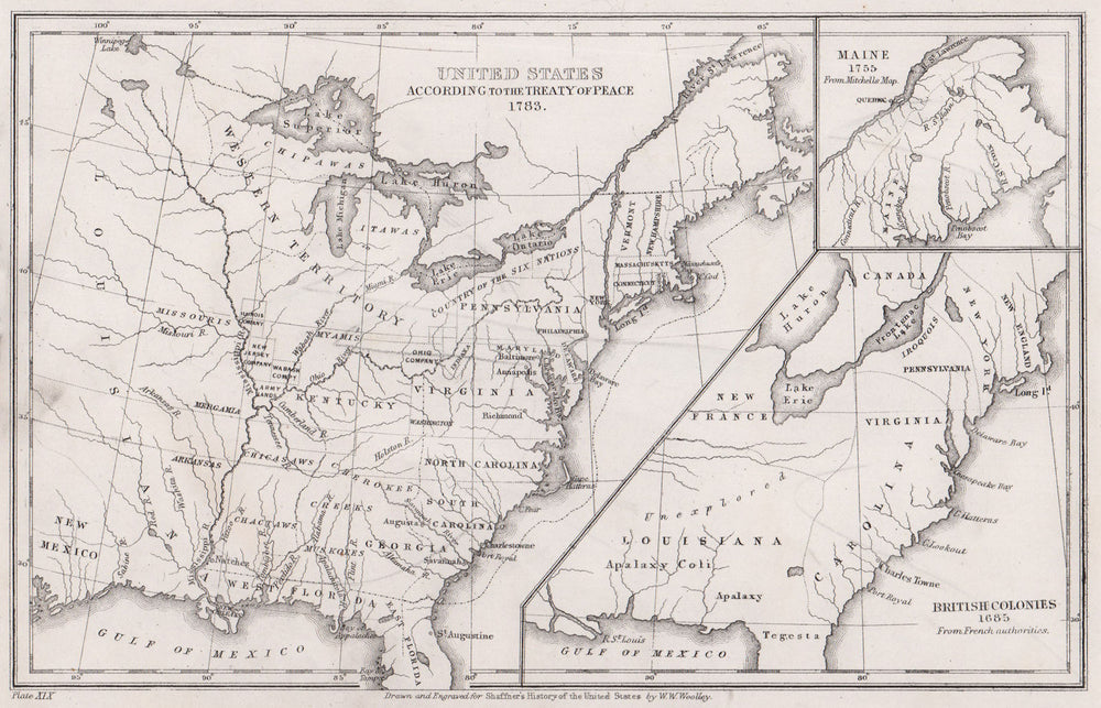 United States according to the 1783 Peace Treaty. British Colonies 1685 1863 map
