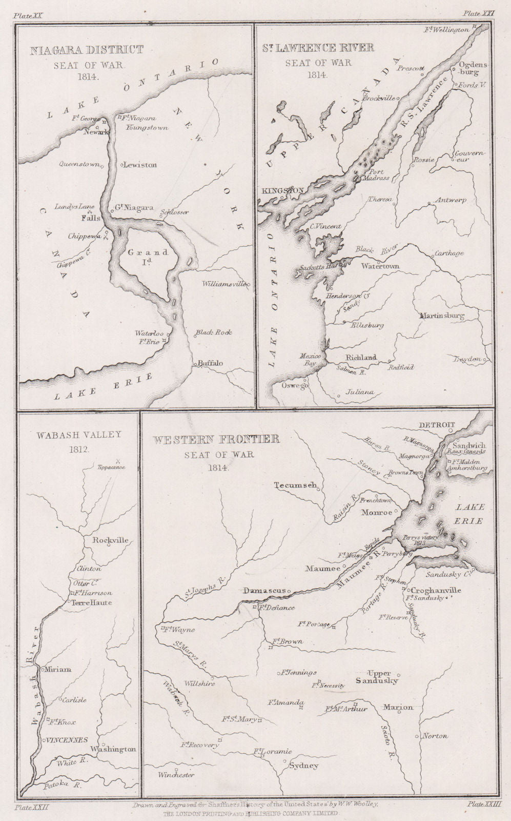 War of 1812. Niagara, Lake Erie, St. Lawrence 1814. Wabash Valley 1812 1863 map