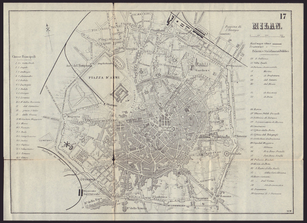 MILAN MILANO antique town plan city map. Italy. BRADSHAW 1892 old