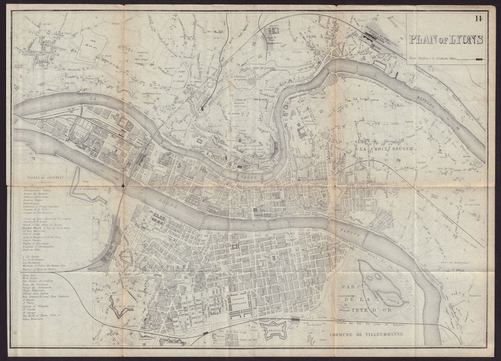 LYONS LYON antique town plan city map. France. BRADSHAW 1893 old