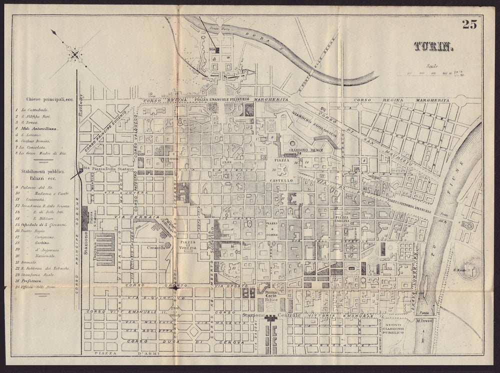 TURIN TORINO antique town plan city map. Italy. BRADSHAW 1893 old