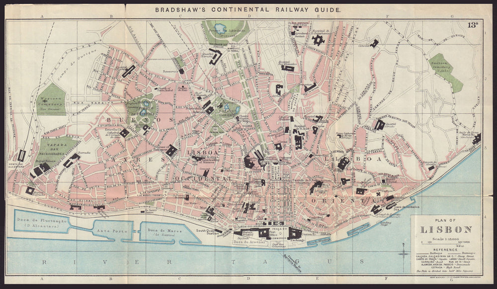 LISBON antique town plan city map. Portugal. BRADSHAW c1898 old