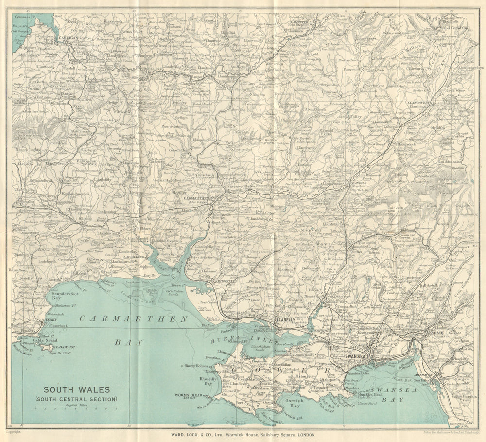 SOUTH WALES Cardigan Swansea Neath Carmarthen Llanelli Tenby. WARD LOCK 1938 map