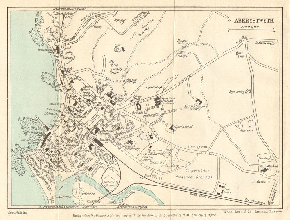 ABERYSTWYTH vintage town/city plan. Wales. WARD LOCK 1948 old vintage map