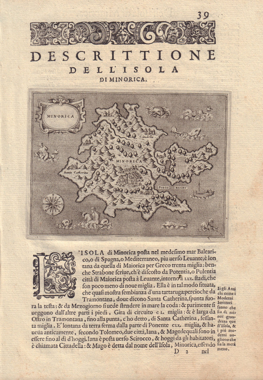 Descrittione dell' Isola di Minorica. PORCACCHI. Minorca Menorca 1590 old map