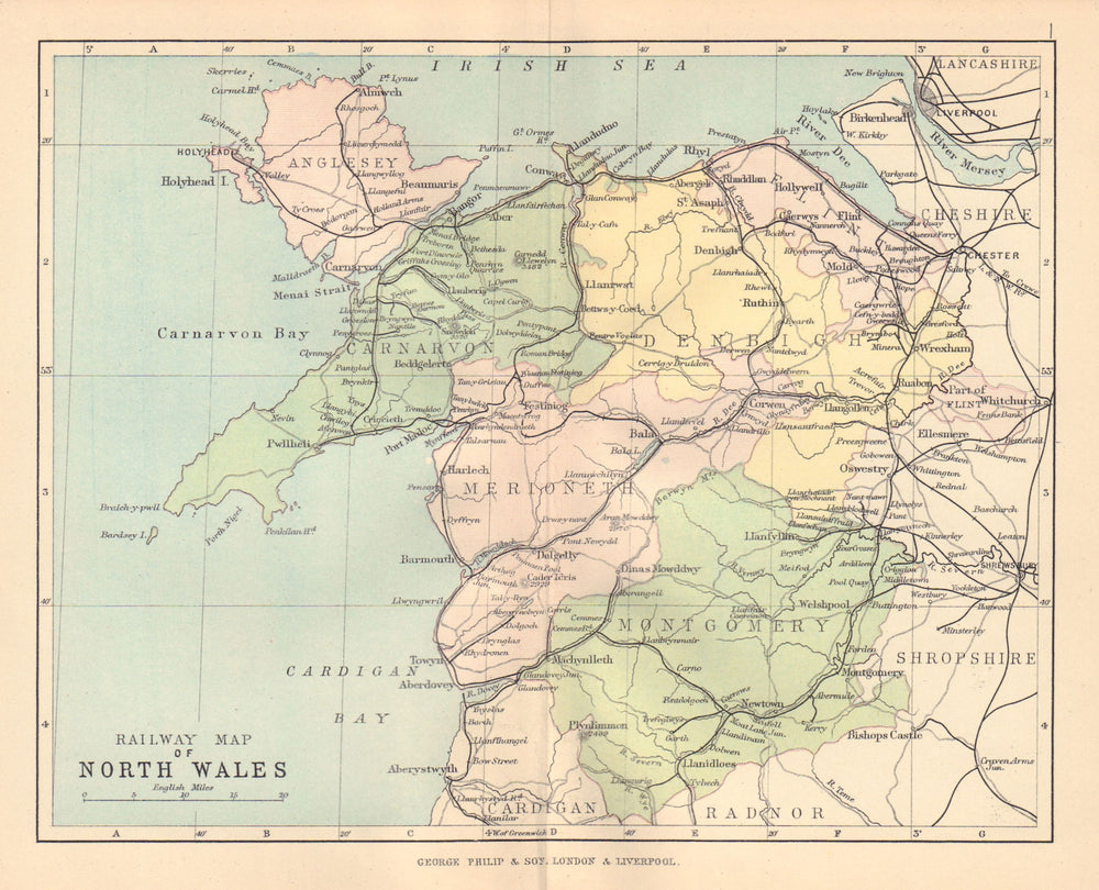 WALES Railway Map of North Wales BARTHOLOMEW 1885 old antique plan chart