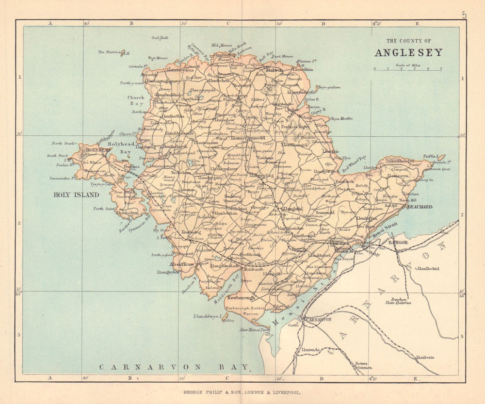 WALES "The County of Anglesey" Antique map Holyhead Beaumaris BARTHOLOMEW 1885