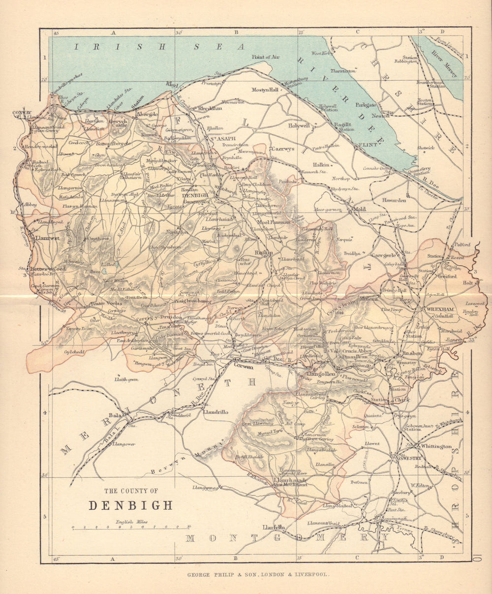 DENBIGHSHIRE "The County of Denbigh" Wrexham Rhyl Wales BARTHOLOMEW 1885 map