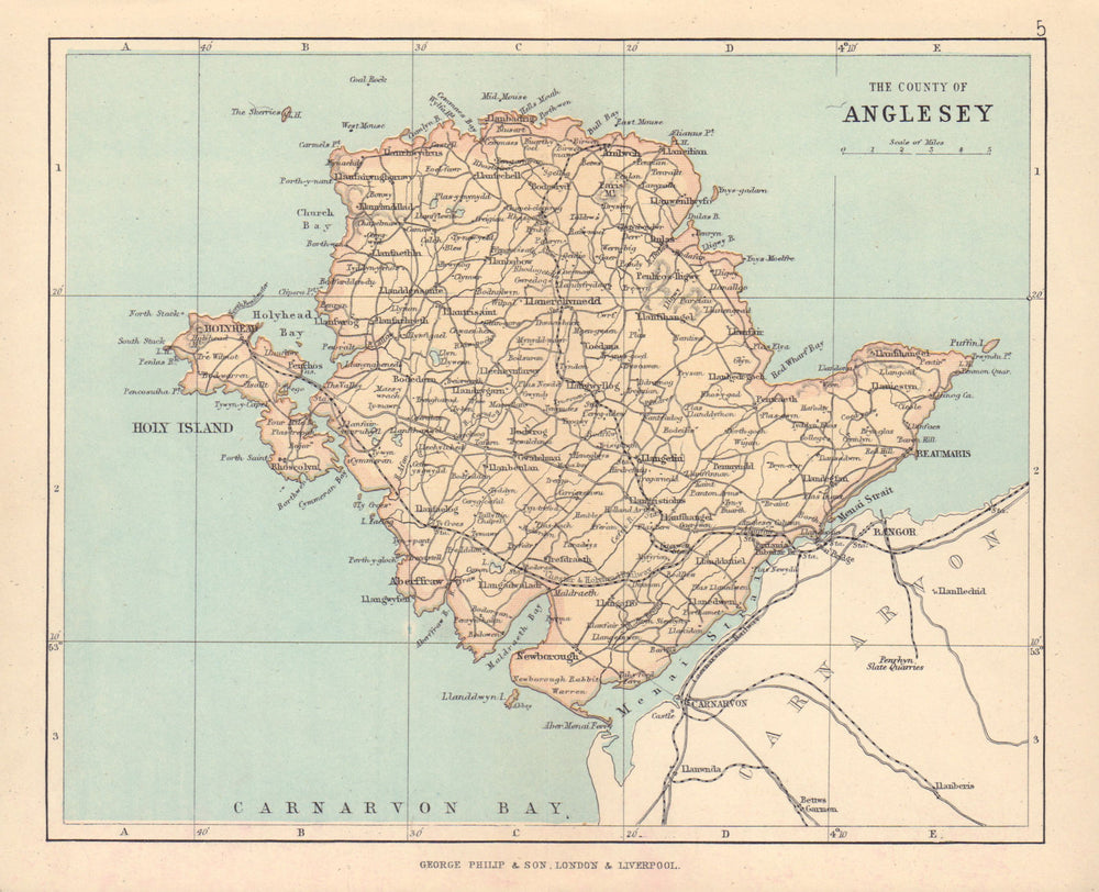 WALES "The County of Anglesey" Antique map Holyhead Beaumaris BARTHOLOMEW 1890