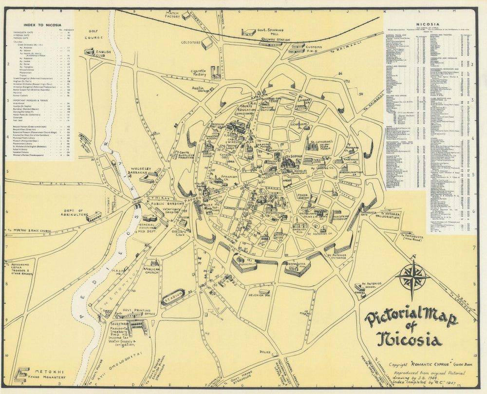 Pictorial map of Nicosia & environs. Vintage town city plan. Cyprus. SABRY 1948