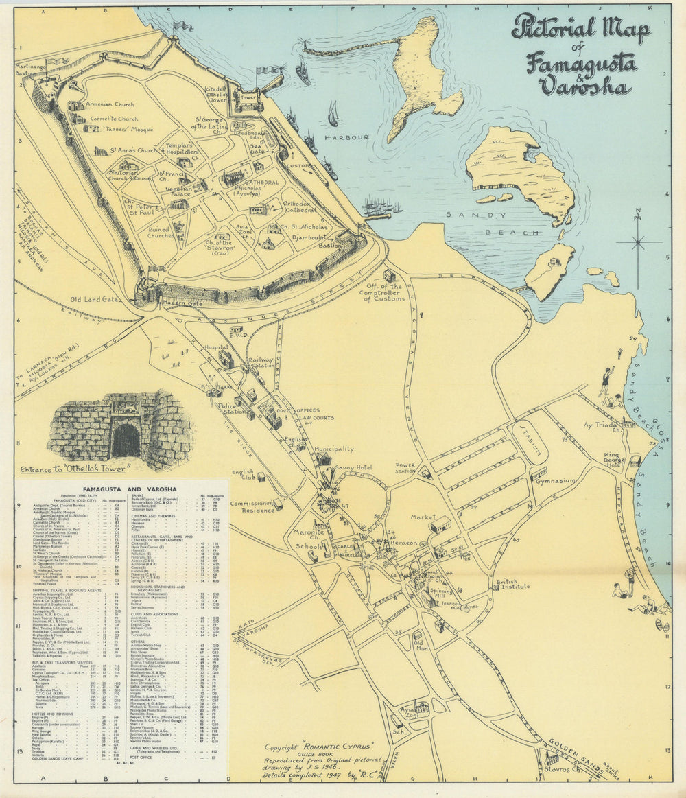 Famagusta & Varosha pictorial map vintage city plan Gazimagusa Cyprus SABRY 1948