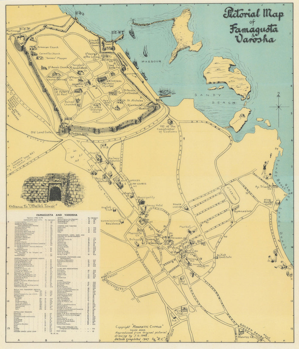 Famagusta & Varosha pictorial map vintage city plan Gazimagusa Cyprus SABRY 1951