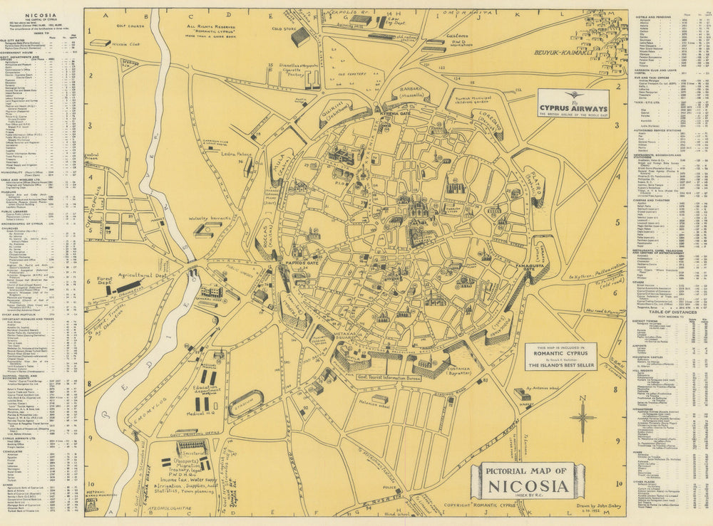 Pictorial map of Nicosia & environs. Vintage town city plan. Cyprus. SABRY 1954