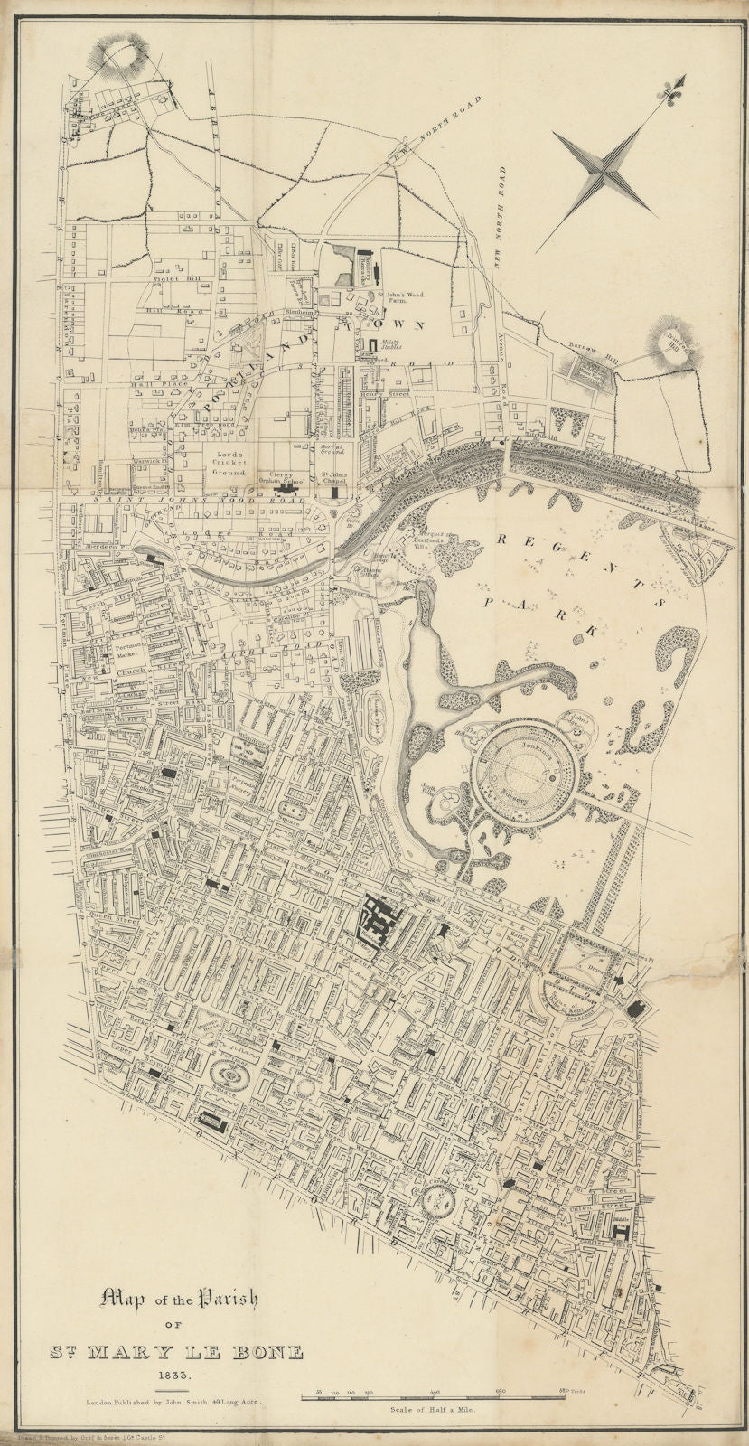 MARYLEBONE ST JOHN'S WOOD. "Parish of St Marylebone". Fitzrovia 1833 old map