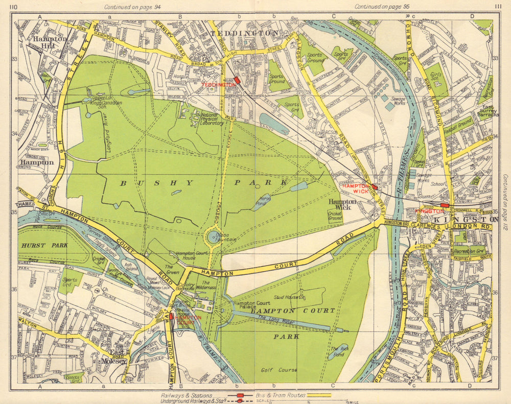 SW LONDON. Teddington Hampton Wick East Molesey Bushy Park Kingston 1948 map