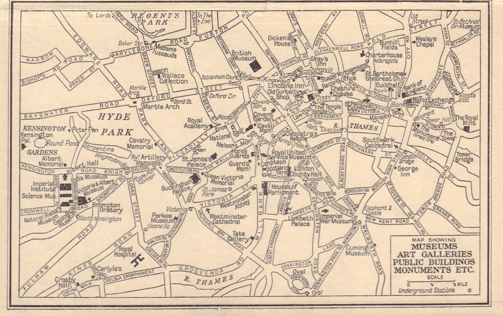 LONDON Museums Art Galleries Public Buildings Monuments 1948 old vintage map