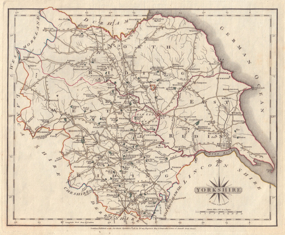 Antique county map of YORKSHIRE by JOHN CARY. Original outline colour 1787