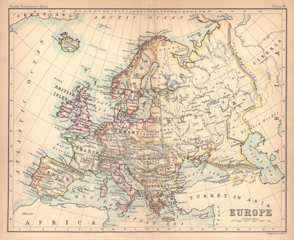 Europe political. Austria-Hungary. Turkey in Europe. BARTHOLOMEW 1888 old map