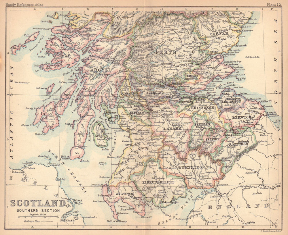 Southern Scotland. BARTHOLOMEW 1888 old antique vintage map plan chart