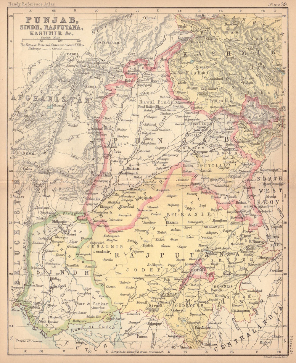 British India NW. Punjab Sindh Rajputana Kashmir Pakistan. BARTHOLOMEW 1888 map