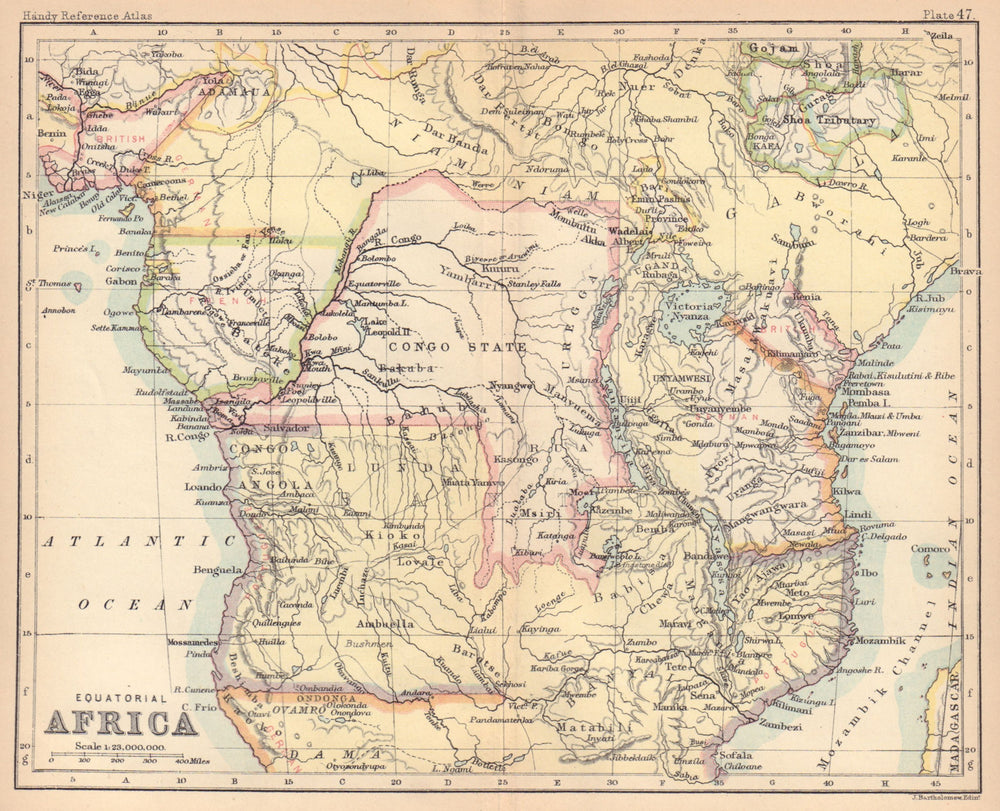 Colonial Equatorial / Central Africa. Congo Angola. BARTHOLOMEW 1888 old map
