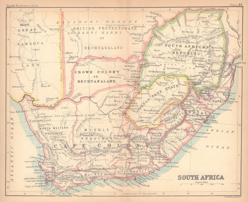 South Africa. Cape Colony. Bechuanaland. BARTHOLOMEW 1888 old antique map