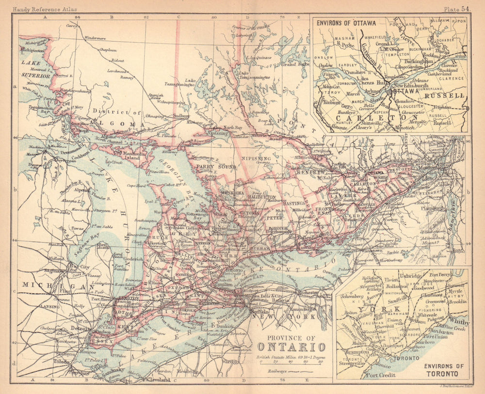 Ontario Province. Ottawa & Toronto environs. Canada. BARTHOLOMEW 1888 old map