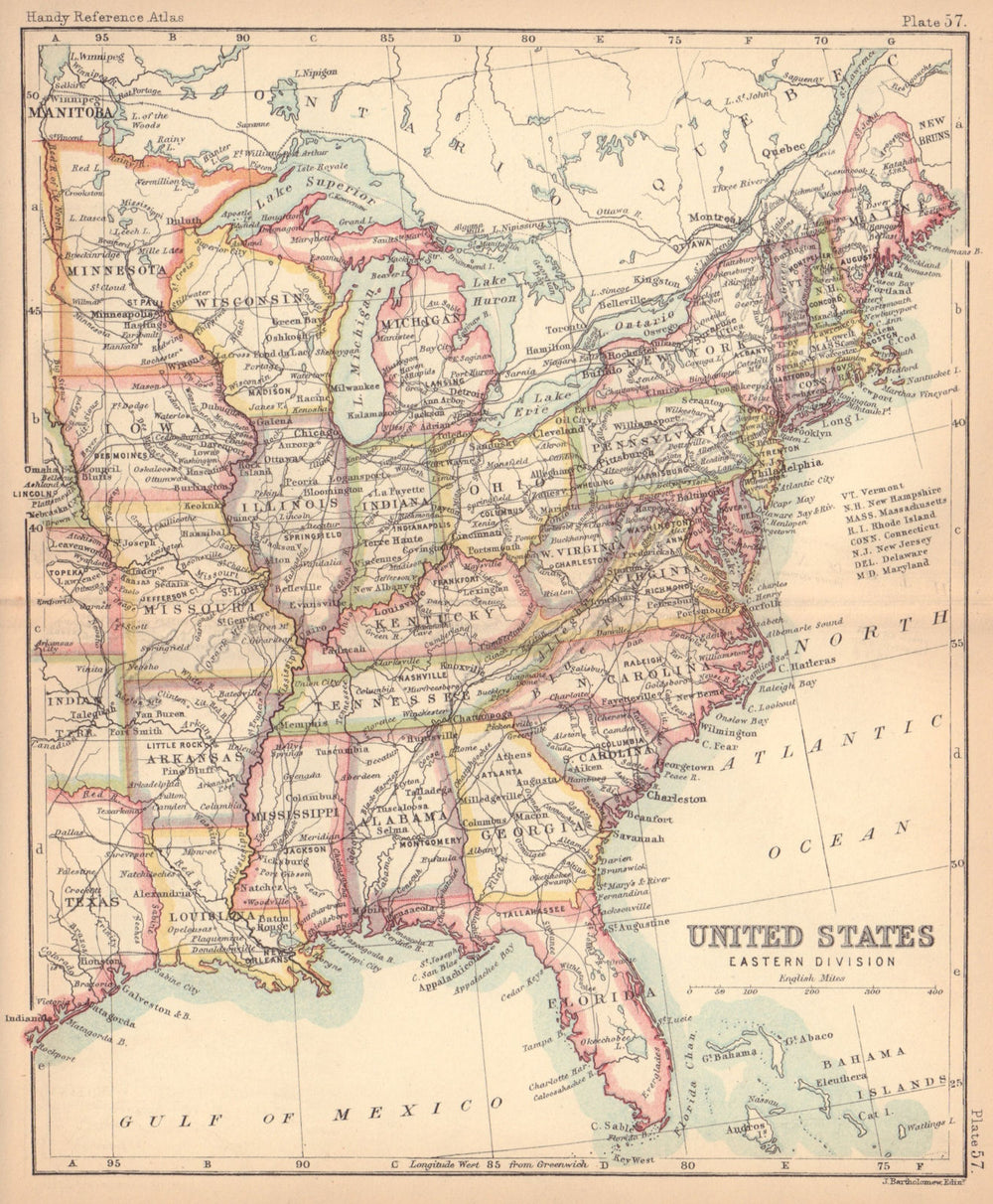 United States Eastern Division. USA. BARTHOLOMEW 1888 old antique map chart