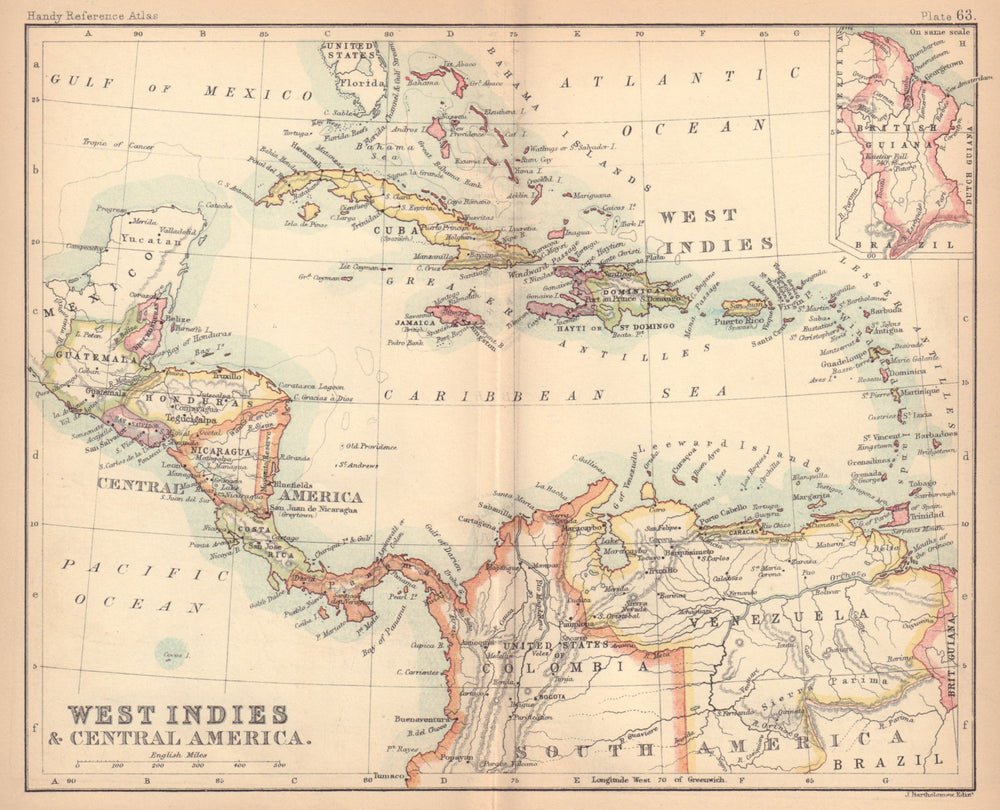West Indies & Central America. Caribbean. BARTHOLOMEW 1888 old antique map