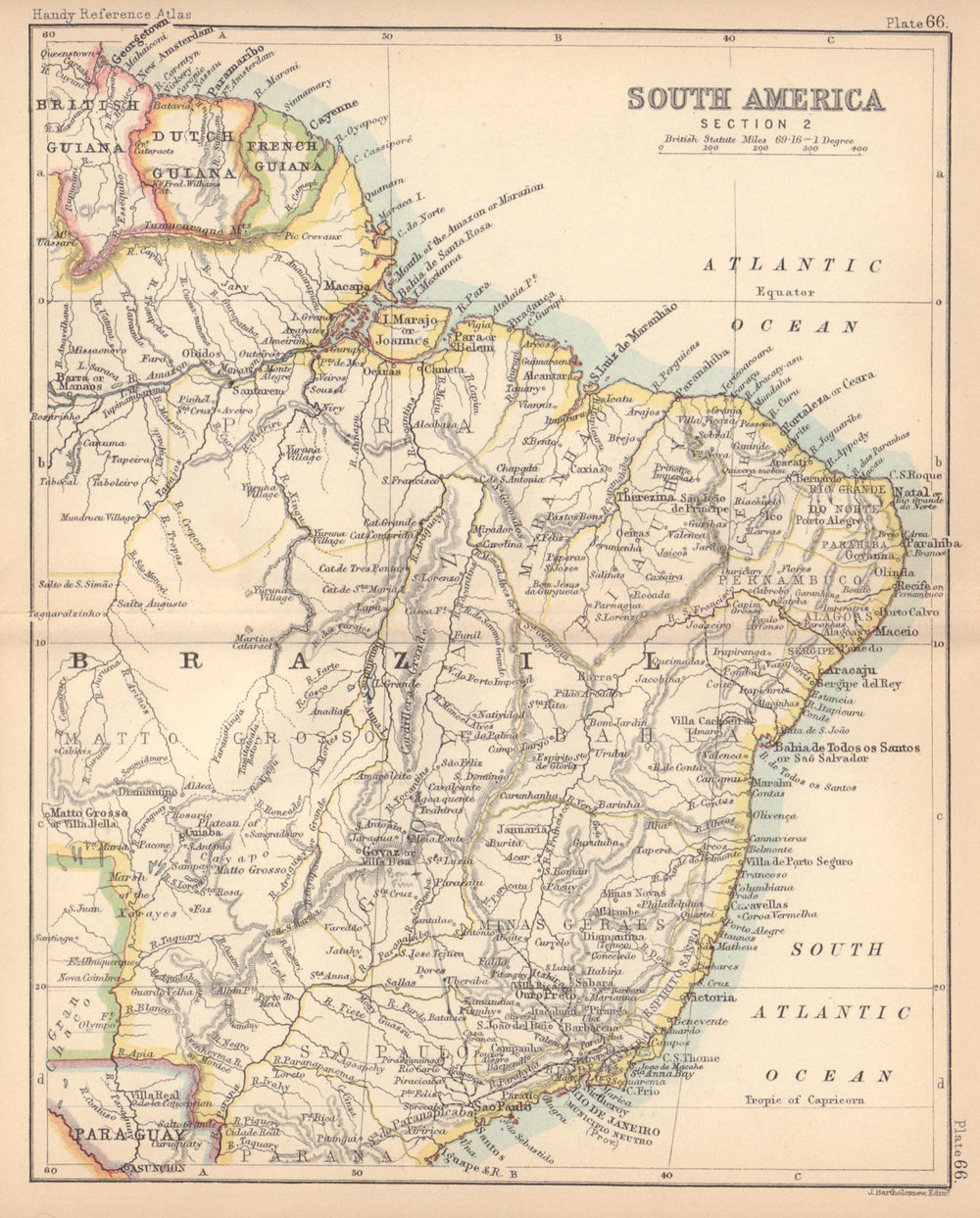 South America #2. Brazil. BARTHOLOMEW 1888 old antique vintage map plan chart