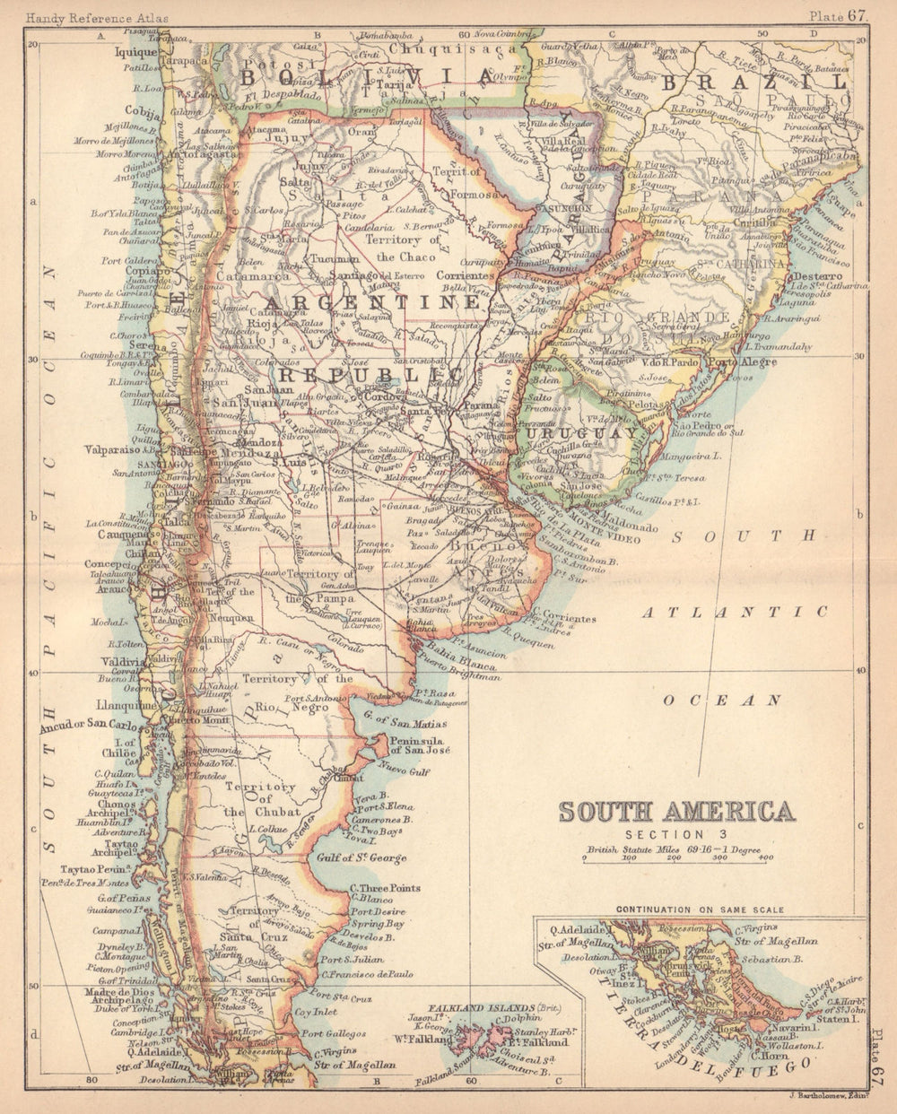 South America #3. Argentina Chile Patagonia Paraguay. BARTHOLOMEW 1888 old map