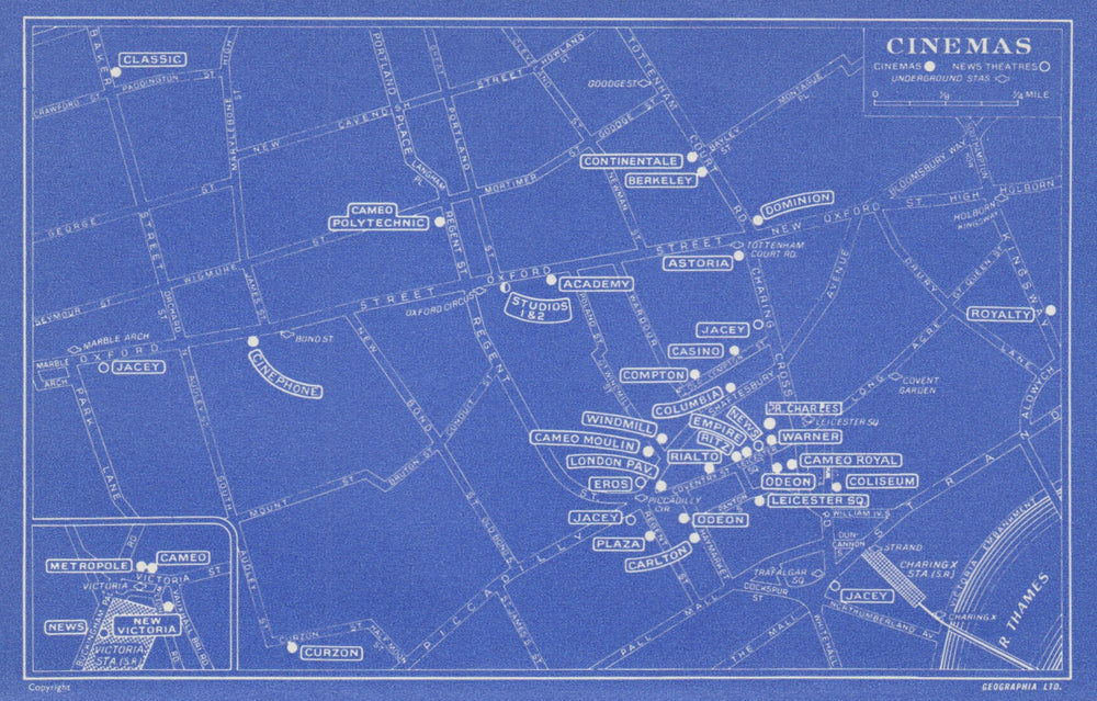 LONDON WEST END CINEMAS & NEWS THEATRES Jacey Cinephone Eros Ritz Odeon 1965 map